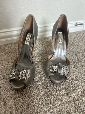 Badgley Mischka Silver Satin Crystal-Embellished Peep-Toe Heels